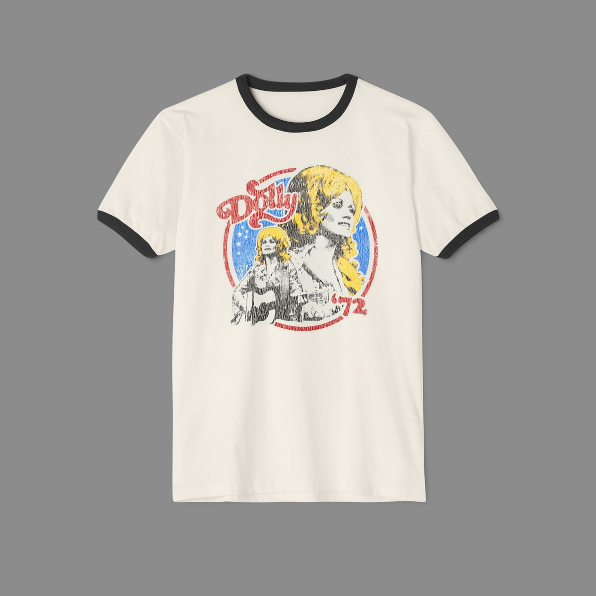 KILLER RETRO cream ringer t-shirt with navy trim and a faded vintage Dolly 1972 graphic print on soft cotton