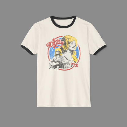 KILLER RETRO cream ringer t-shirt with navy trim and a faded vintage Dolly 1972 graphic print on soft cotton