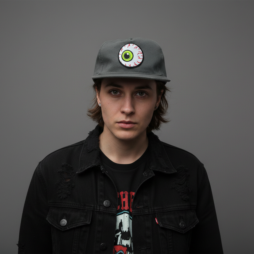 A young man with shoulder-length brown hair stands against a solid dark gray background, wearing a dark gray baseball cap with a circular green and white eye patch graphic, a black denim jacket, and a black graphic t-shirt.
