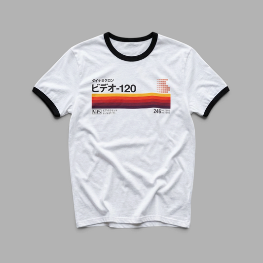 KILLER RETRO white ringer t-shirt with vintage Japanese VHS tape graphic print and black collar and sleeve trim.