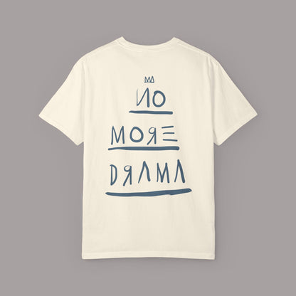 KILLER RETRO No More Drama graphic tee in off-white garment-dyed cotton with navy blue back print