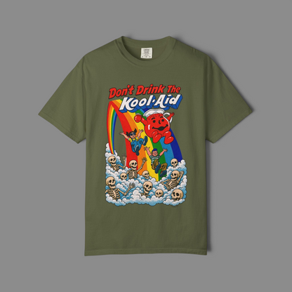 KILLER RETRO olive green graphic t-shirt featuring a vintage cartoon mascot, rainbow, and skeletons print.
