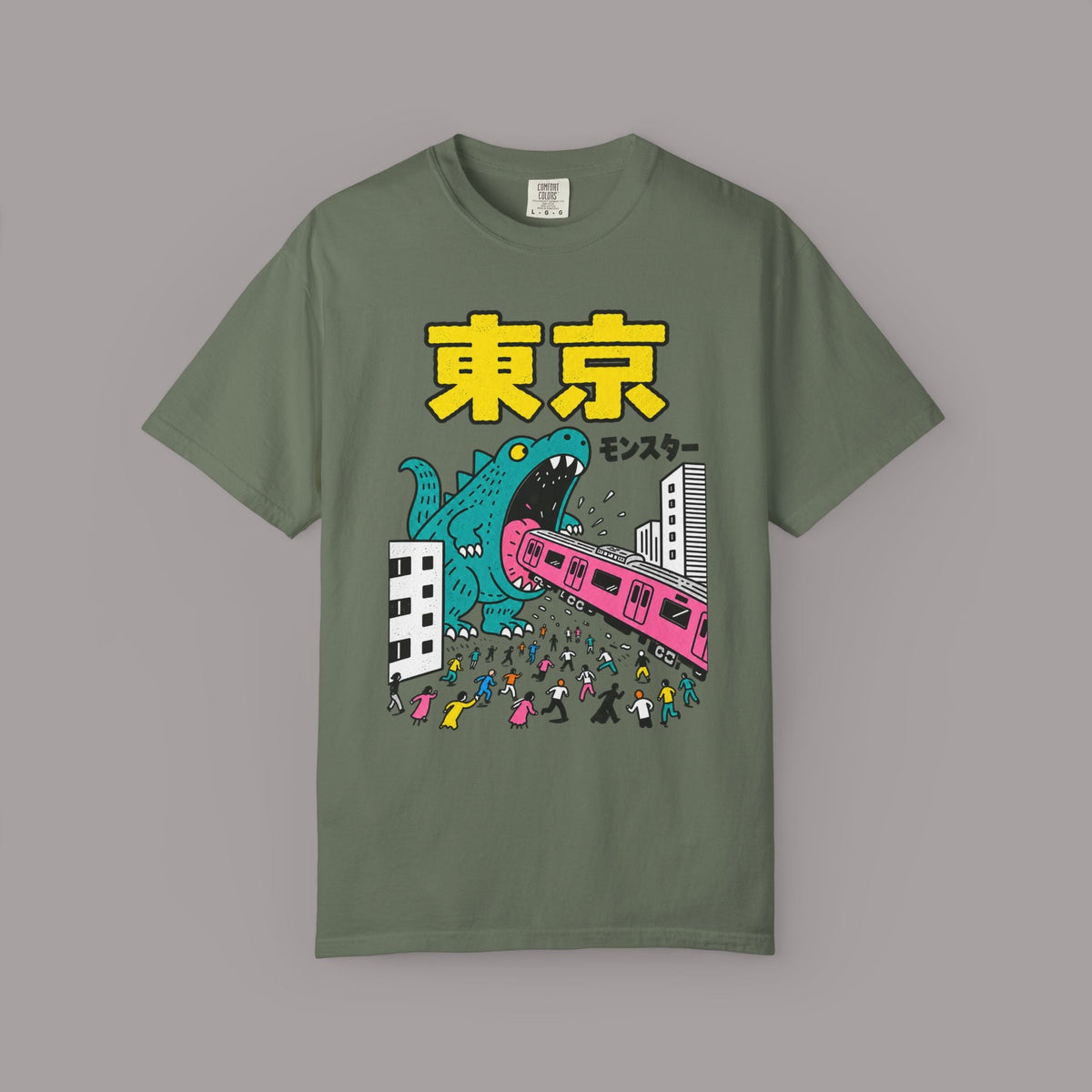 KILLER RETRO olive green heavyweight cotton t-shirt featuring a teal kaiju monster graphic and Japanese text.