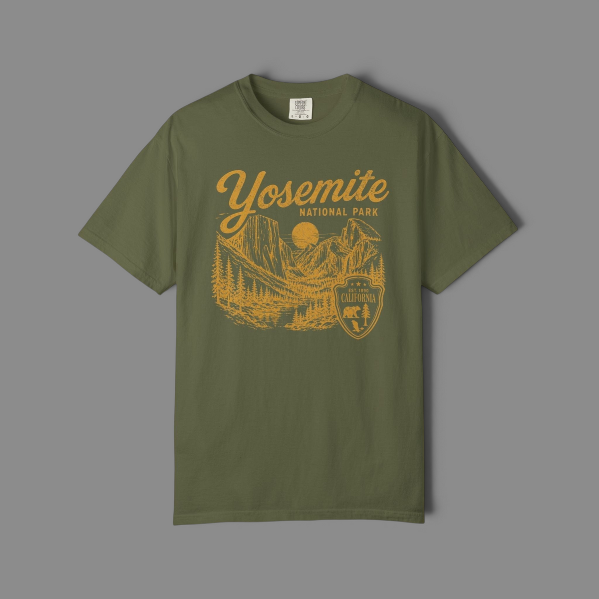 KILLER RETRO olive green garment-dyed cotton t-shirt featuring a vintage Yosemite National Park graphic print