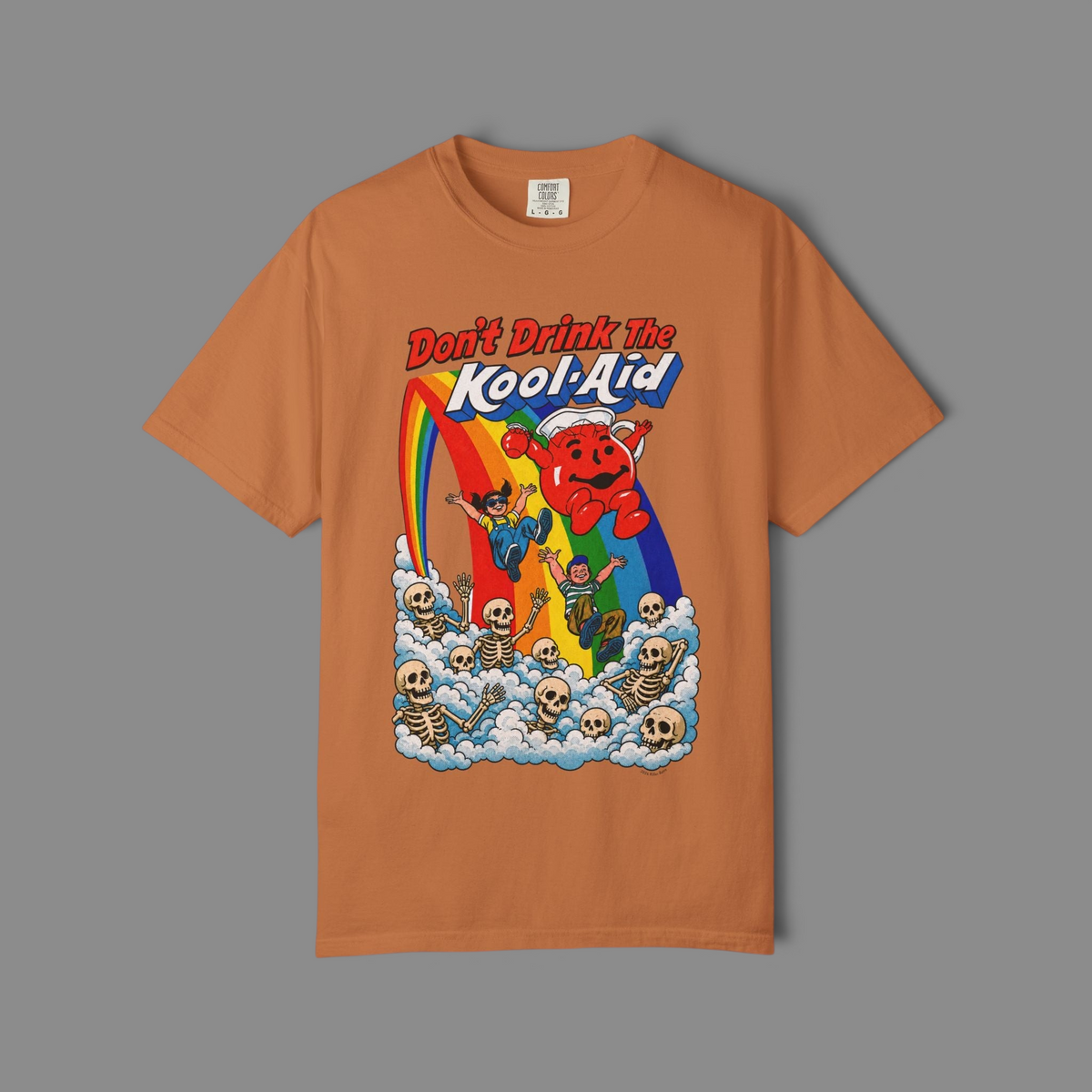 KILLER RETRO orange graphic t-shirt featuring a vintage cartoon mascot, rainbows, and skeletons in a parody design.