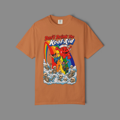 KILLER RETRO orange graphic t-shirt featuring a vintage cartoon mascot, rainbows, and skeletons in a parody design.