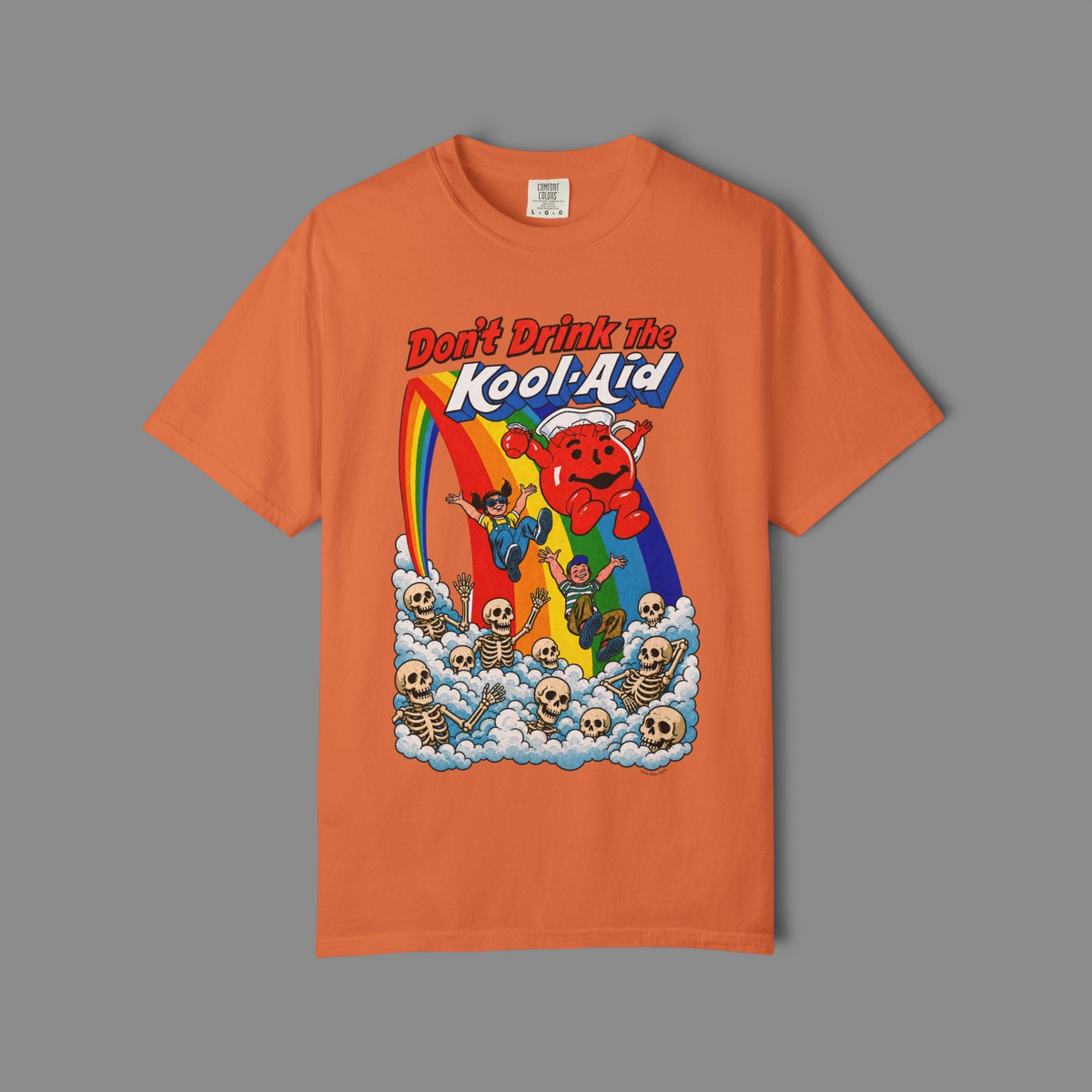KILLER RETRO orange graphic t-shirt featuring a vintage-style parody print with skeletons, rainbows, and a mascot.
