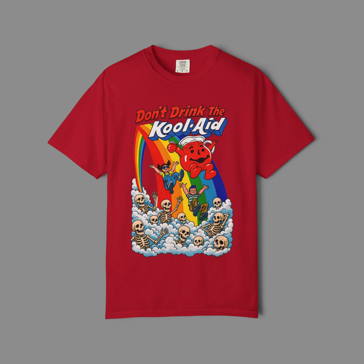KILLER RETRO red graphic t-shirt featuring a vintage cartoon mascot, rainbows, and skeletons in a surreal print.