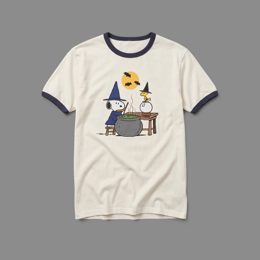 KILLER RETRO cream ringer t-shirt featuring Snoopy and Woodstock as witches stirring a cauldron under a moon.