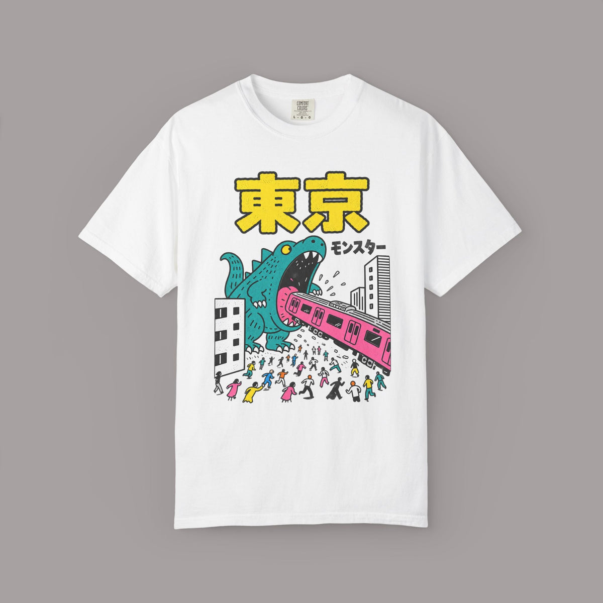 KILLER RETRO white heavyweight cotton t-shirt featuring a colorful Tokyo kaiju monster graphic with Japanese text.