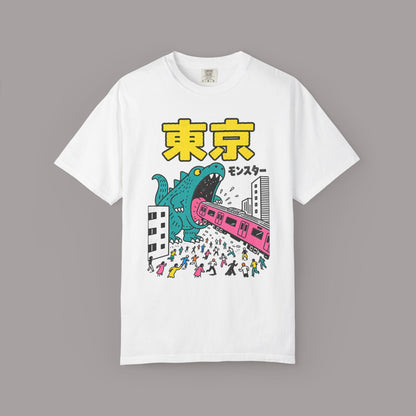 KILLER RETRO white heavyweight cotton t-shirt featuring a colorful Tokyo kaiju monster graphic with Japanese text.
