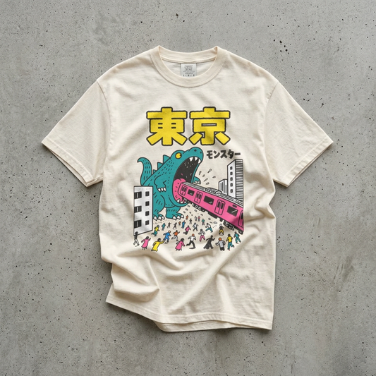 KILLER RETRO heavyweight cotton t-shirt in off-white featuring a teal kaiju monster and pink train graphic.