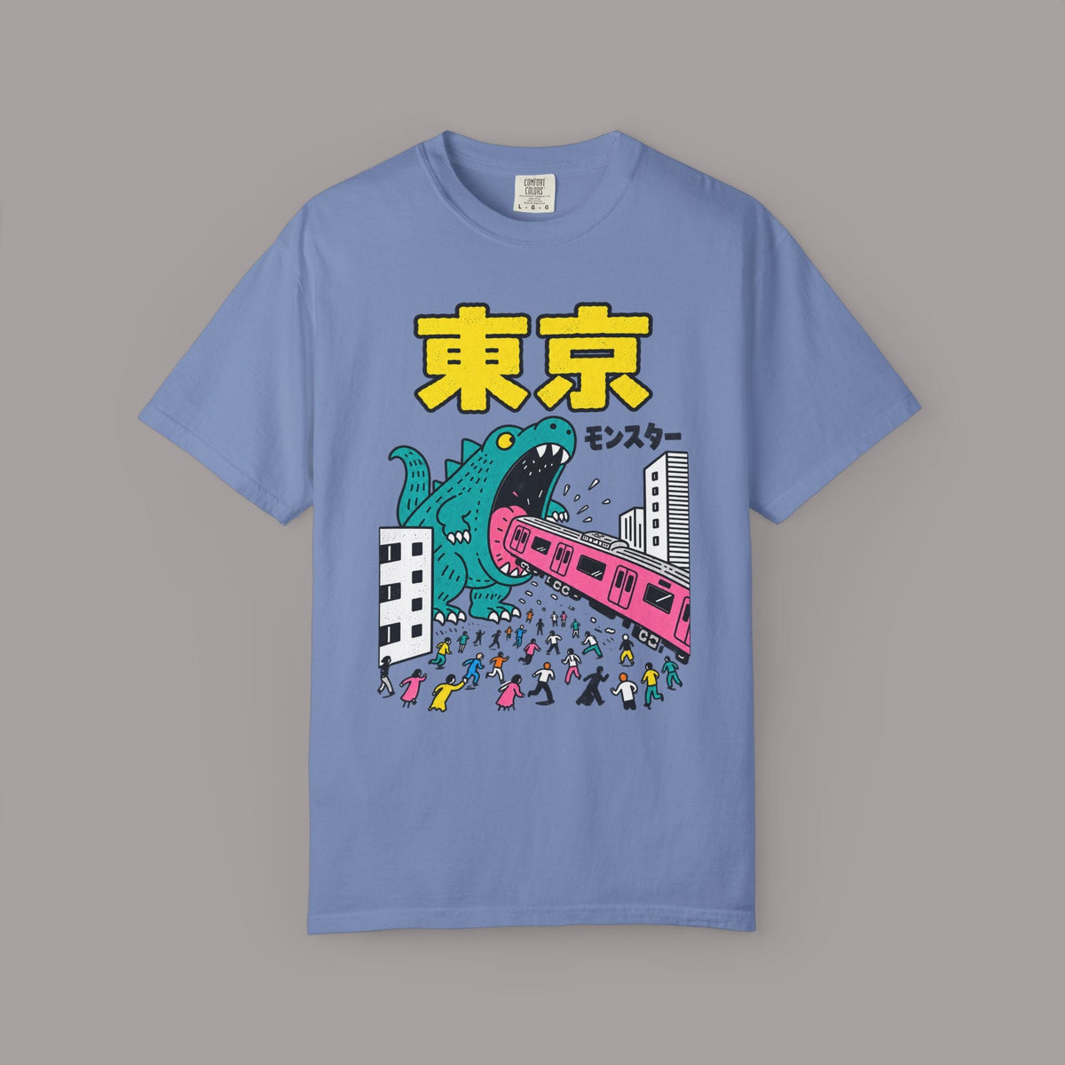 KILLER RETRO blue heavyweight cotton t-shirt featuring a retro Tokyo kaiju monster graphic with Japanese lettering.