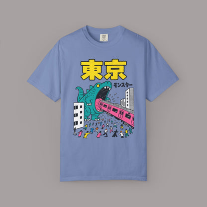 KILLER RETRO blue heavyweight cotton t-shirt featuring a retro Tokyo kaiju monster graphic with Japanese lettering.