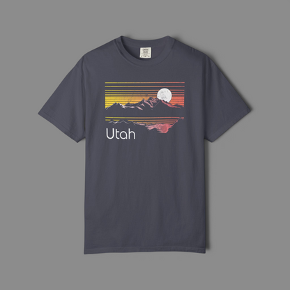 KILLER RETRO charcoal grey heavyweight cotton t-shirt featuring a vintage Utah mountain sunset graphic with a moon.