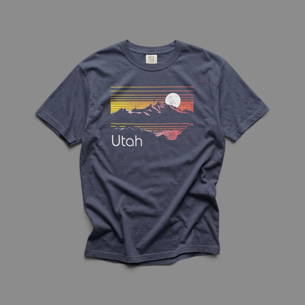 KILLER RETRO navy blue heavyweight cotton t-shirt featuring a vintage Utah mountain sunset graphic with a moon.