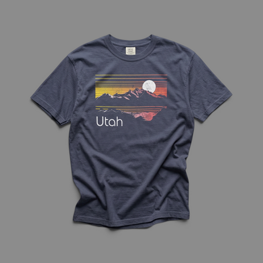 KILLER RETRO navy blue heavyweight cotton t-shirt featuring a vintage Utah mountain sunset graphic with a moon.
