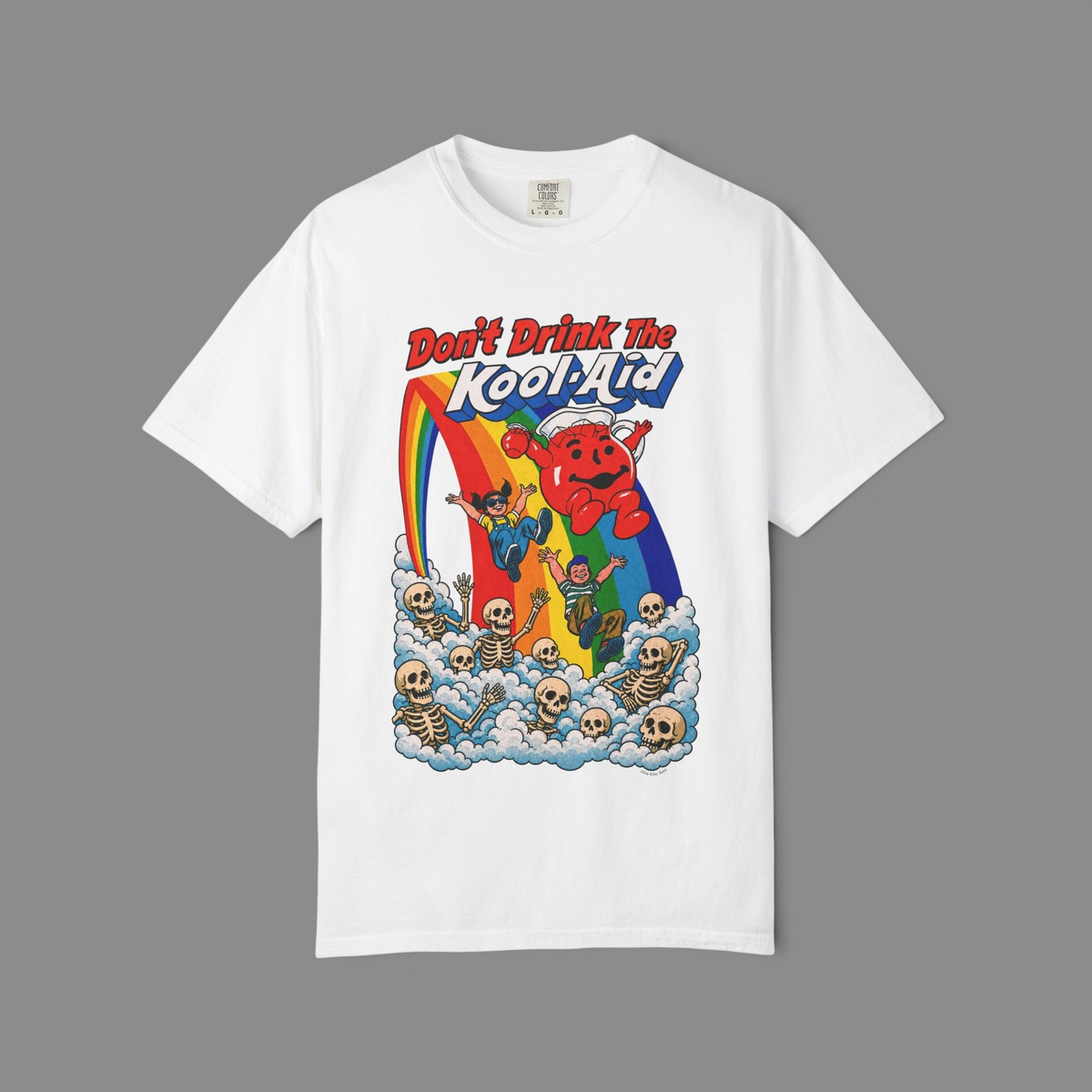 KILLER RETRO white graphic t-shirt featuring a vintage-style cartoon mascot, rainbow, and skeletons print.