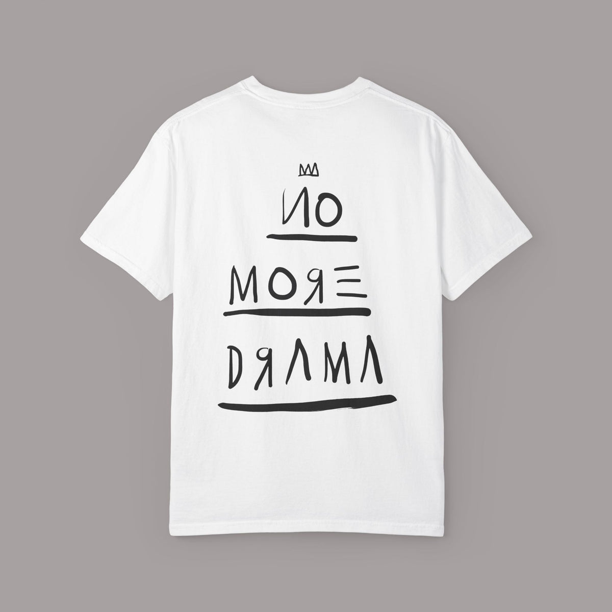 KILLER RETRO white cotton graphic tee with black No More Drama artwork on the back in a relaxed vintage fit