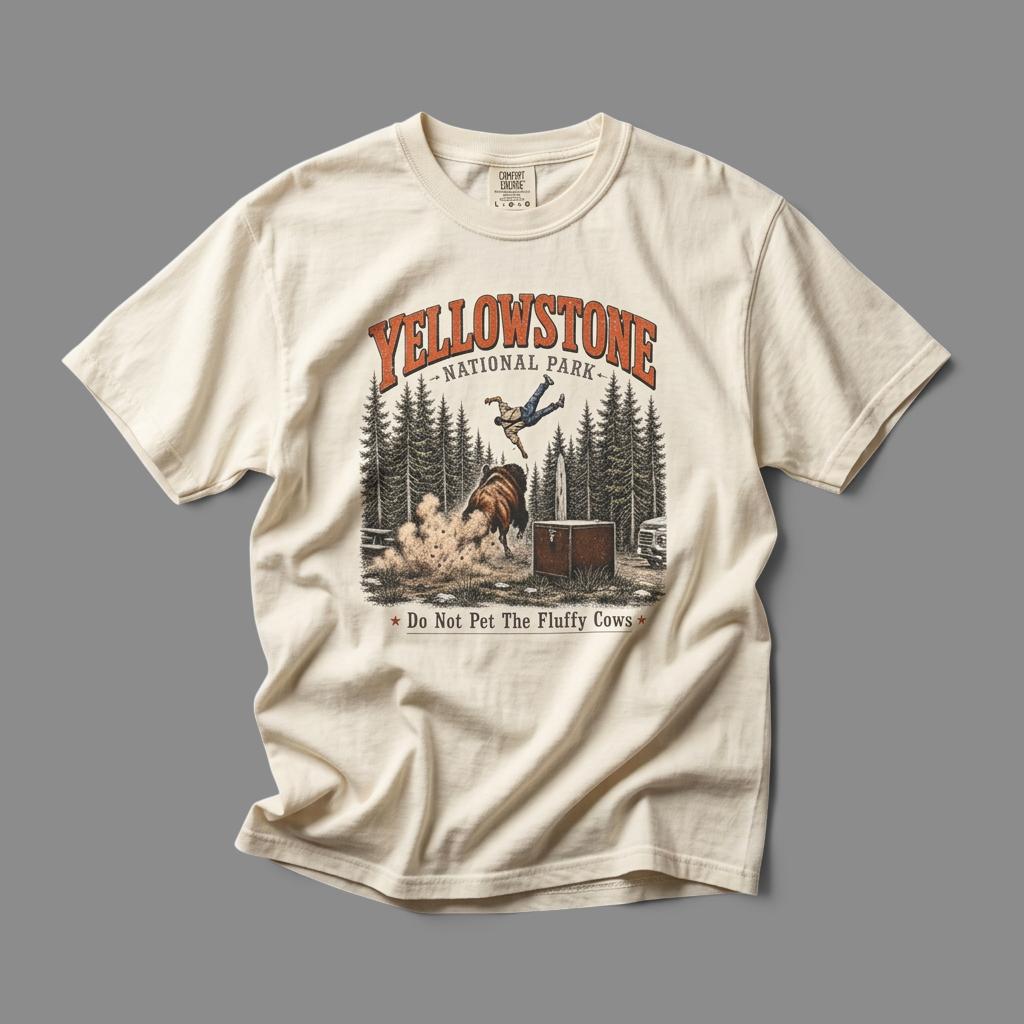 KILLER RETRO cream heavyweight cotton t-shirt featuring a vintage Yellowstone bison graphic and humorous text.