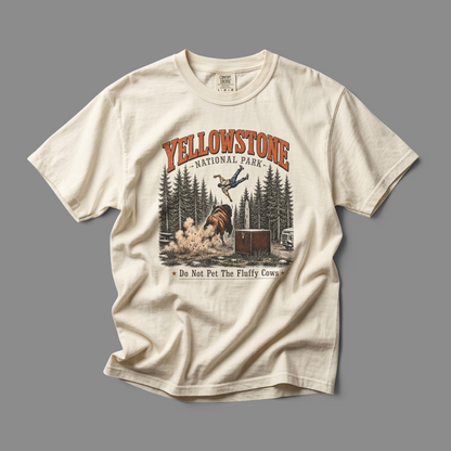 KILLER RETRO cream heavyweight cotton t-shirt featuring a vintage Yellowstone bison graphic and humorous text.