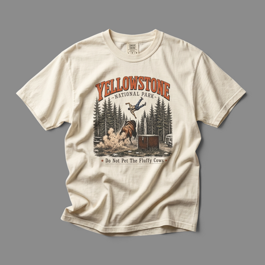 KILLER RETRO cream heavyweight cotton t-shirt featuring a vintage Yellowstone bison graphic and humorous text.