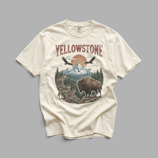 KILLER RETRO cream heavyweight garment-dyed cotton t-shirt featuring a vintage Yellowstone wildlife mountain graphic