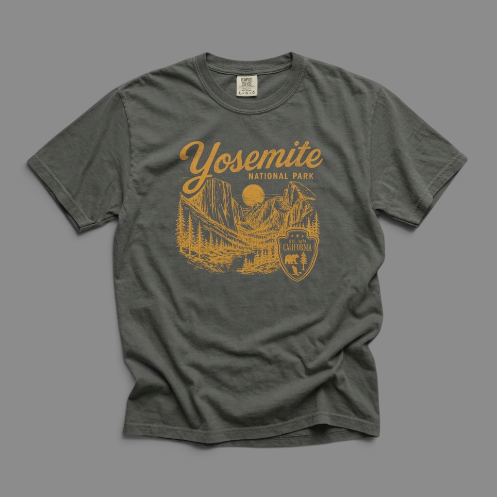 KILLER RETRO charcoal grey garment-dyed cotton t-shirt with a vintage Yosemite National Park graphic print