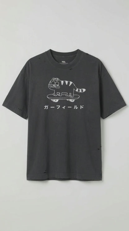 Vintage Skater Cat Washed Distressed Boxy T-Shirt