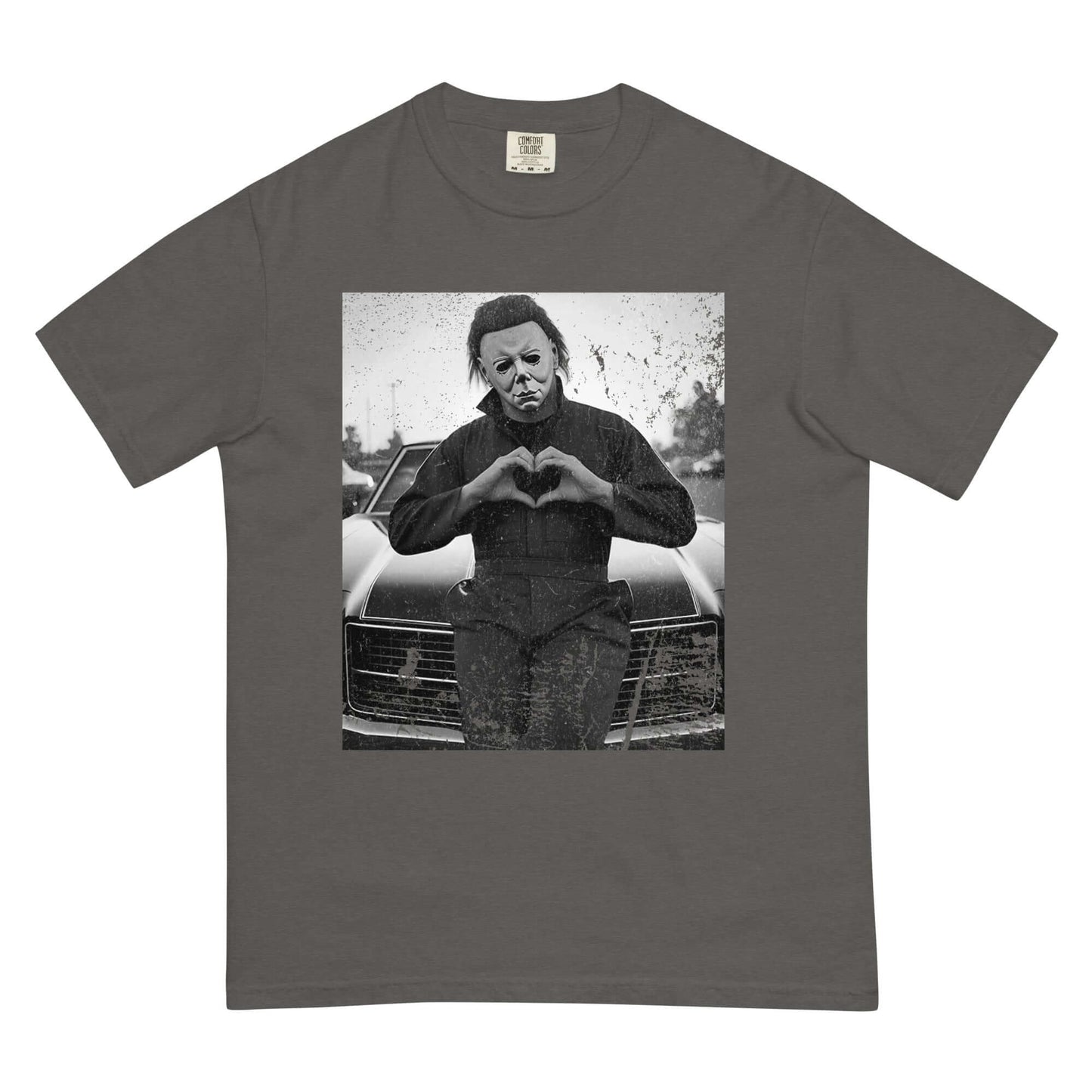Love unisex garment-dyed heavyweight t-shirt in charcoal gray with black-and-white graphic print, relaxed fit 100% ring-spun cotton