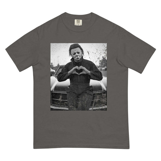Love unisex garment-dyed heavyweight t-shirt in charcoal gray with black-and-white graphic print, relaxed fit 100% ring-spun cotton