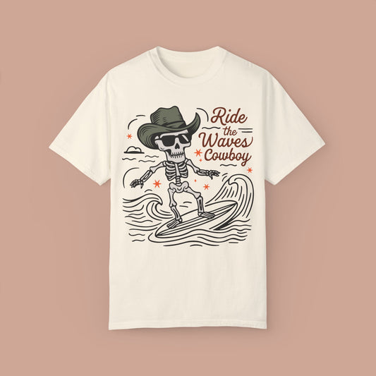 Vintage Ride The Waves T-shirt, Surfing Skeleton Cowboy Tee - KILLER RETRO